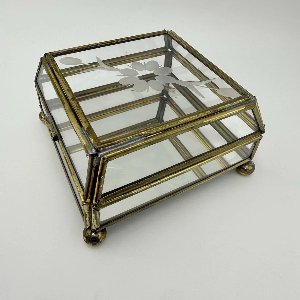 Mirrored Glass Jewelry Box Brass Trinket Etched Flower Lid Storage Display 4x4x2